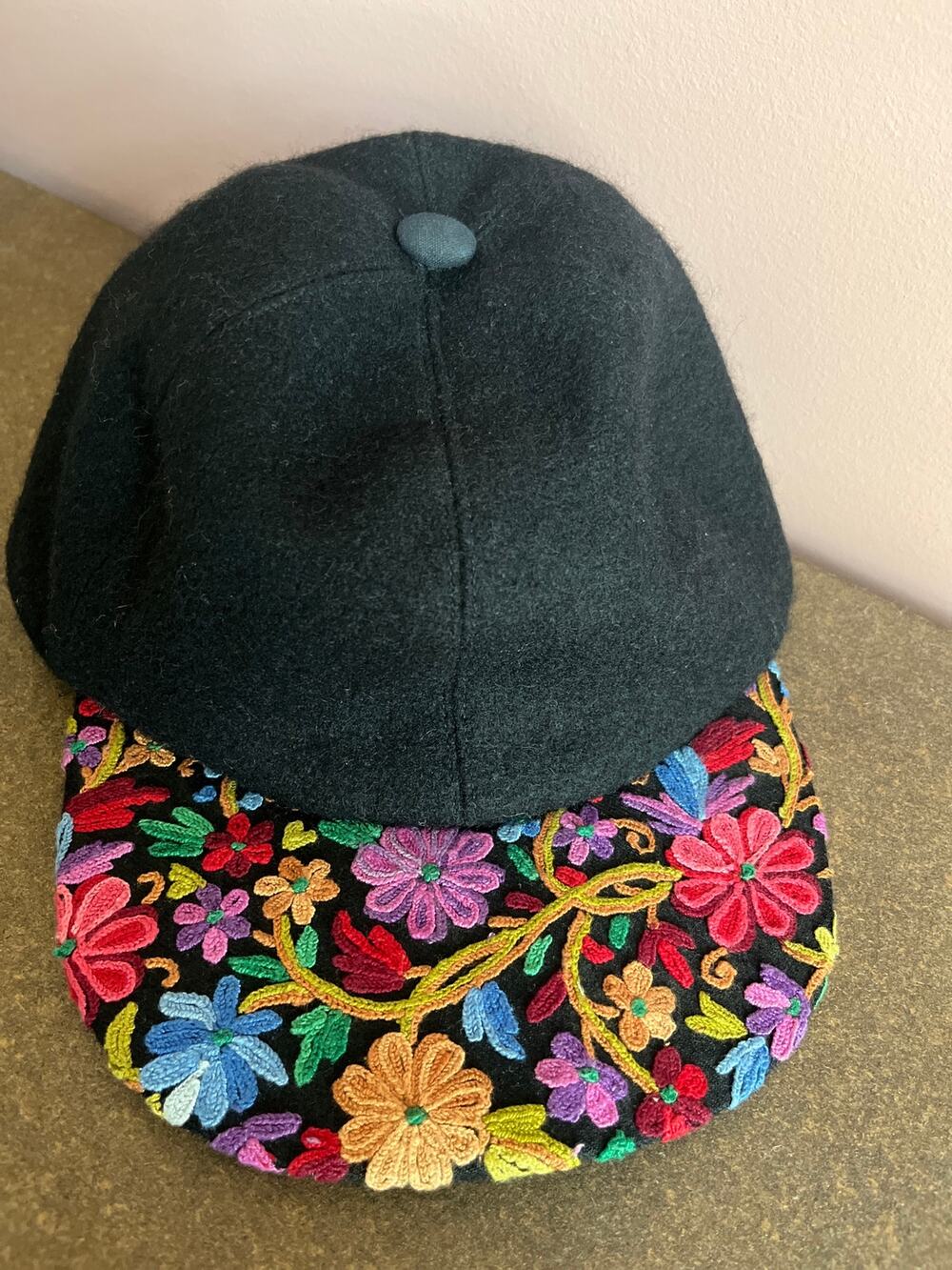 Vintage Wool Baseball Cap Floral Embroidered Black Women's